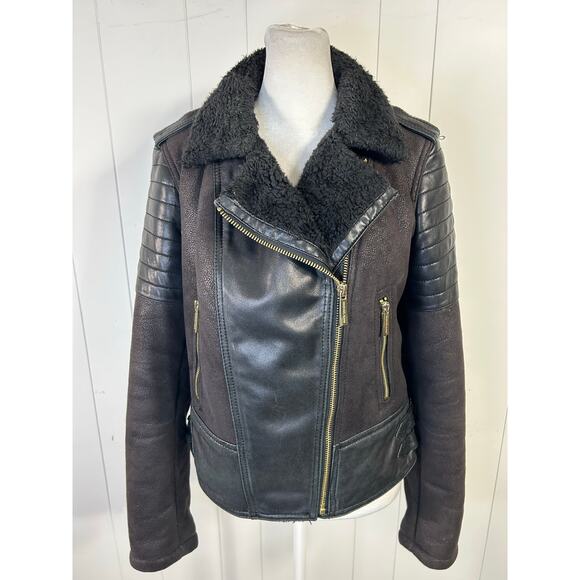 Michael Kors Black Faux Shearling 100% Genuine Leather Moto Jacket Size S - Picture 1 of 7